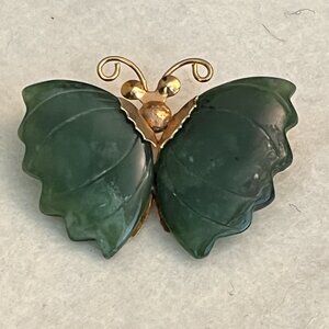 Vintage Green Jade Gold Tone Butterfly Brooch Pin